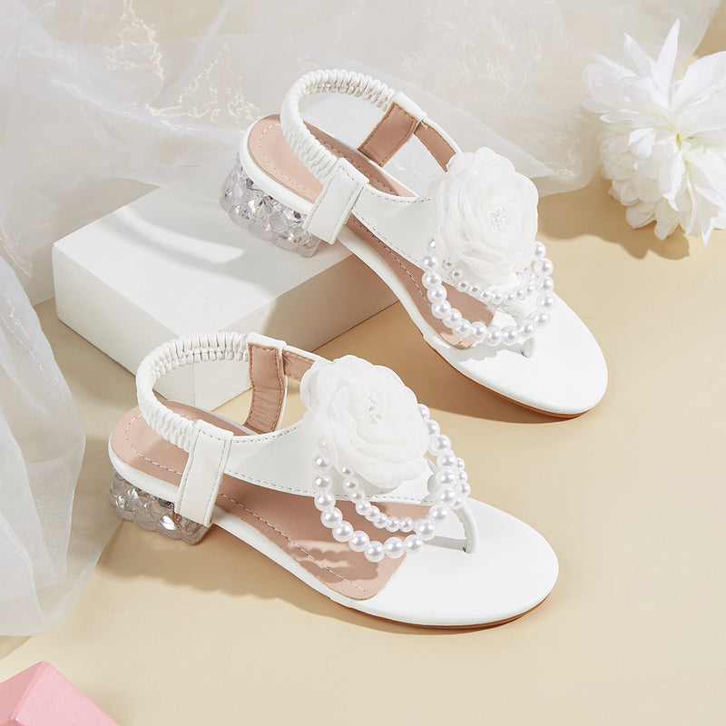 Girls' High-Heeled Shoes 2026 Spring New Style Flip-Flops Half-Slip Pearl Flower Casual Fashion Sandals for Girls