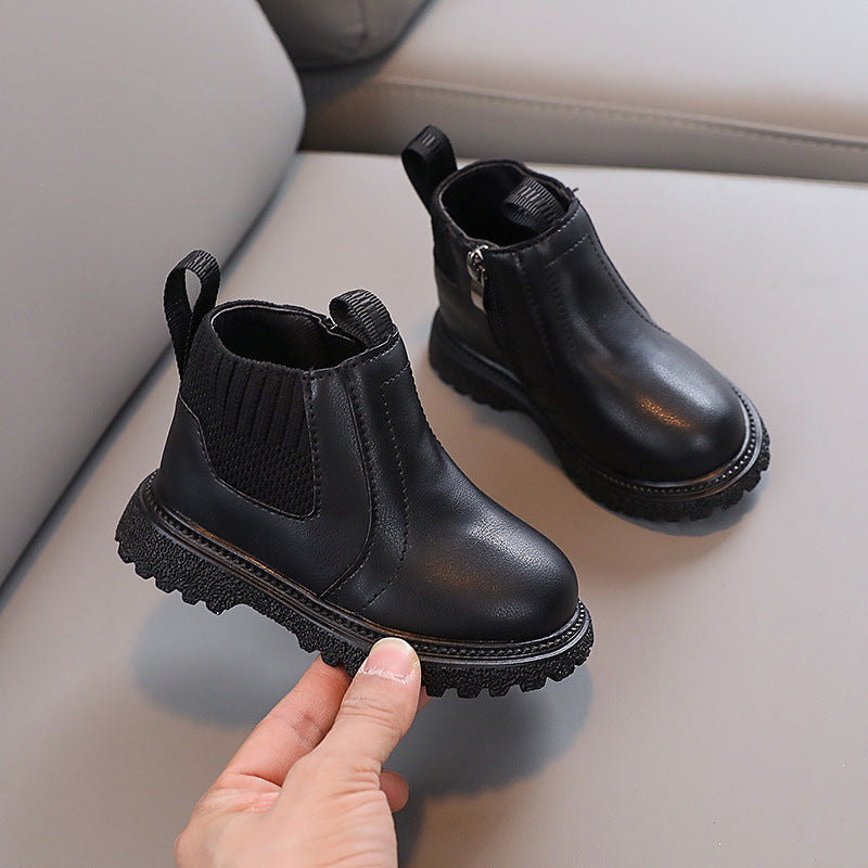 2025 Spring and Autumn Little Boys Fashion Casual Sports Small Leather Boots Little Girls Plaid Small Leather Boots Trendy Factory Direct Sales