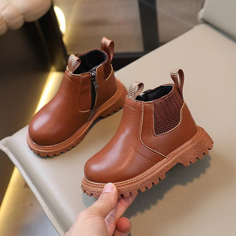 2025 Spring and Autumn Little Boys Fashion Casual Sports Small Leather Boots Little Girls Plaid Small Leather Boots Trendy Factory Direct Sales