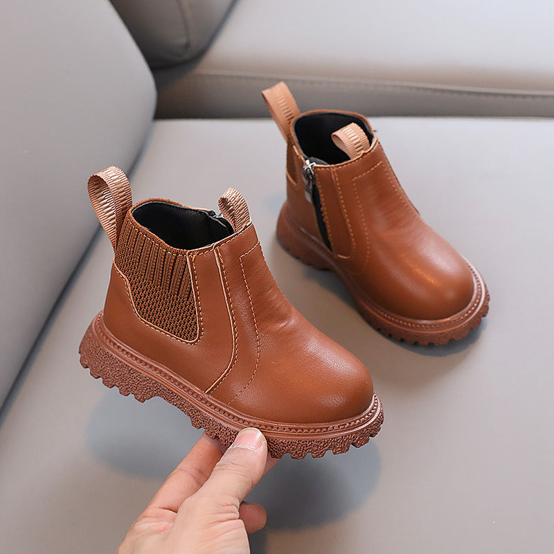 2025 Spring and Autumn Little Boys Fashion Casual Sports Small Leather Boots Little Girls Plaid Small Leather Boots Trendy Factory Direct Sales