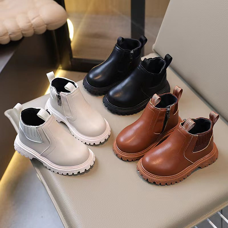 2025 Spring and Autumn Little Boys Fashion Casual Sports Small Leather Boots Little Girls Plaid Small Leather Boots Trendy Factory Direct Sales