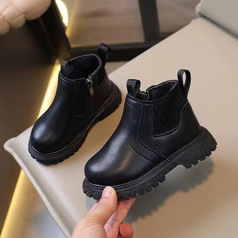 2025 Spring and Autumn Little Boys Fashion Casual Sports Small Leather Boots Little Girls Plaid Small Leather Boots Trendy Factory Direct Sales