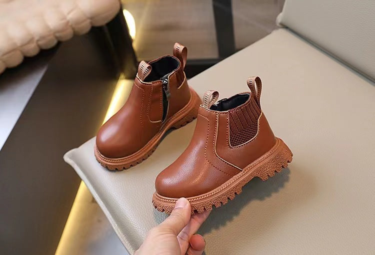 2025 Spring and Autumn Little Boys Fashion Casual Sports Small Leather Boots Little Girls Plaid Small Leather Boots Trendy Factory Direct Sales