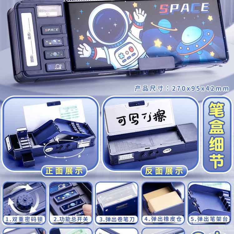 Password Lock Stationery Case Pencil Case for Boys — Multi-Functional “Smart Tech” Pencil Box for Elementary School Students, Blue