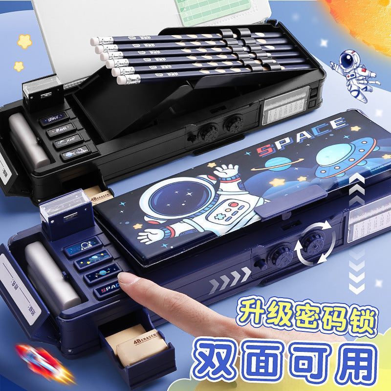 Password Lock Stationery Case Pencil Case for Boys — Multi-Functional “Smart Tech” Pencil Box for Elementary School Students, Blue