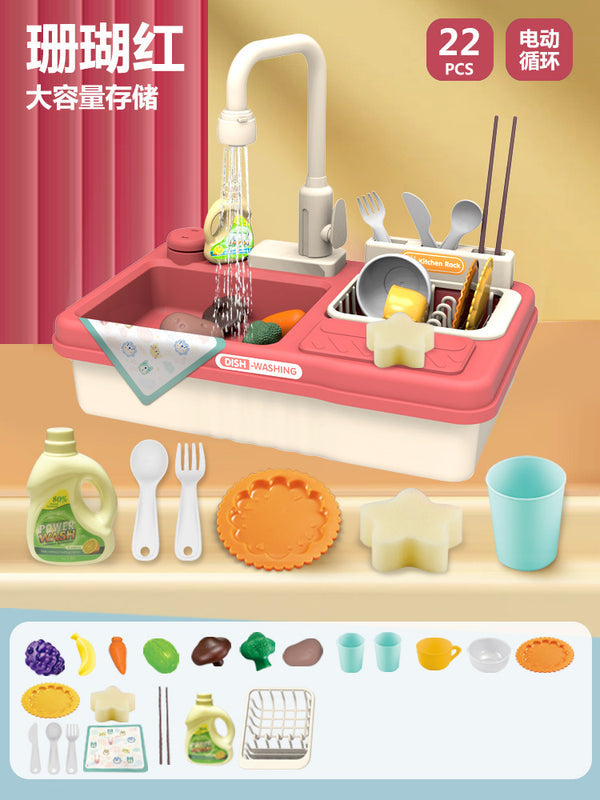Kids Dishwashing Machine Baby Water Play Toy for Girls—Pretend Play Complete Set with Electric Water Circulating Washing Basin
