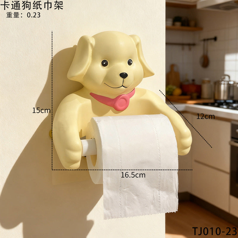 Cartoon Puppy Toilet Paper Holder Towel Tissue Box Wall-Mounted No-Drill Bathroom Storage Shelf