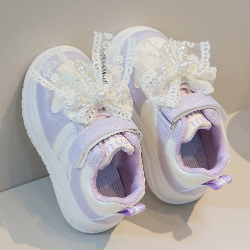 Sweet Girls' Sneakers, Princess Shoes, New Spring and Autumn Models for Small and Medium-Sized Children, Children's Shoes, Girls' Casual Shoes with Pearls and Lace