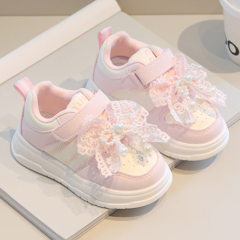 Sweet Girls' Sneakers, Princess Shoes, New Spring and Autumn Models for Small and Medium-Sized Children, Children's Shoes, Girls' Casual Shoes with Pearls and Lace