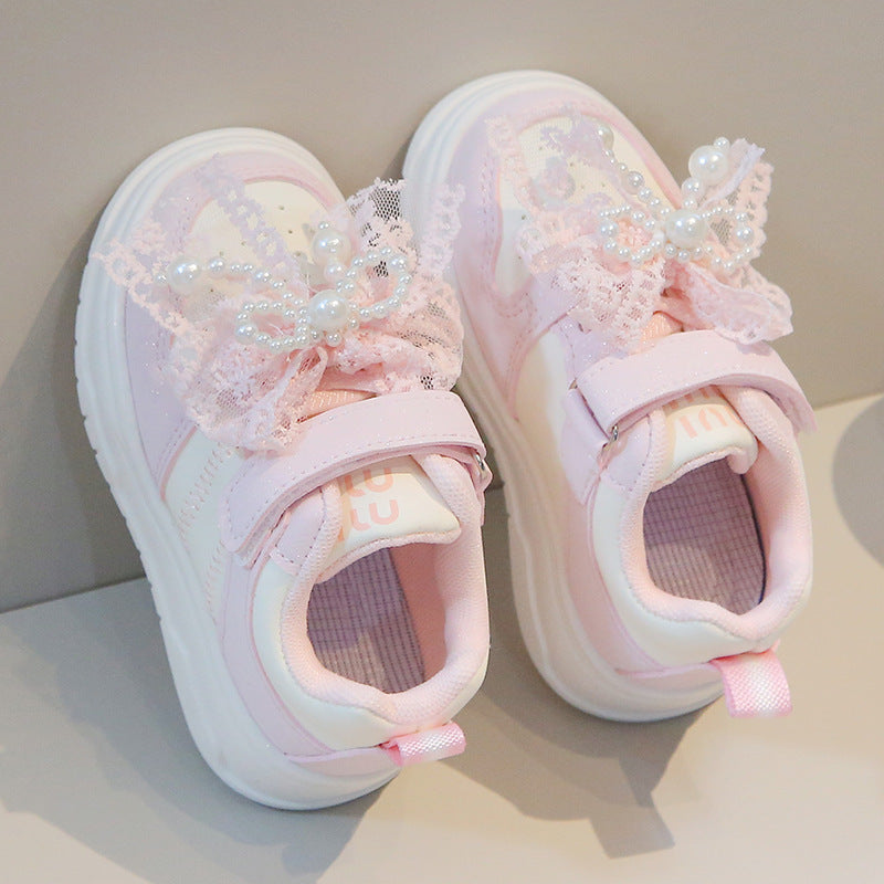 Sweet Girls' Sneakers, Princess Shoes, New Spring and Autumn Models for Small and Medium-Sized Children, Children's Shoes, Girls' Casual Shoes with Pearls and Lace