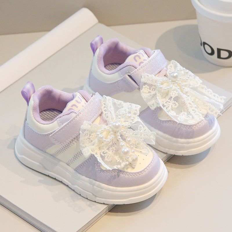 Sweet Girls' Sneakers, Princess Shoes, New Spring and Autumn Models for Small and Medium-Sized Children, Children's Shoes, Girls' Casual Shoes with Pearls and Lace