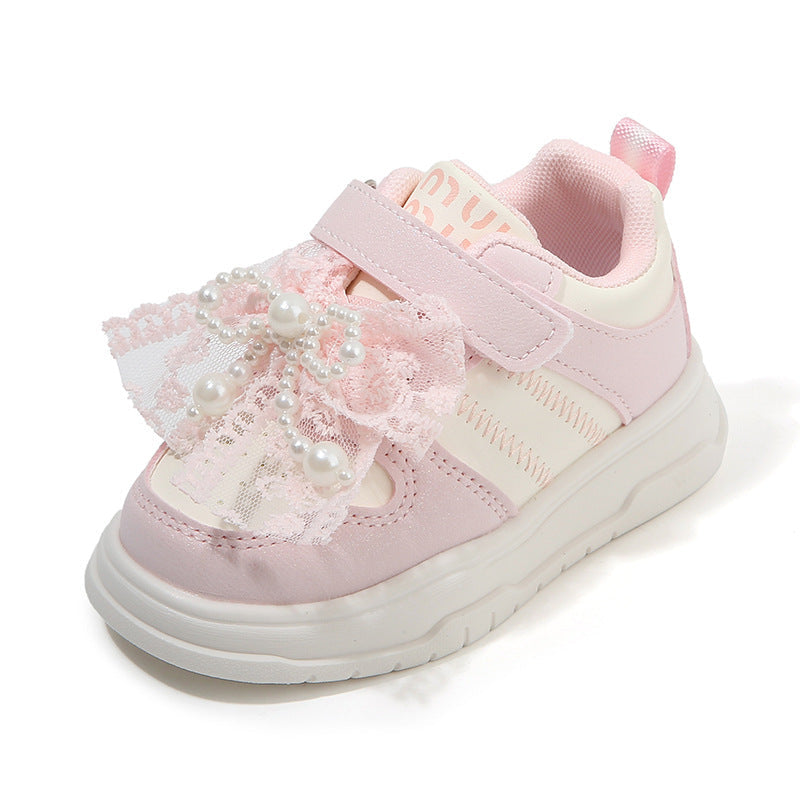 Sweet Girls' Sneakers, Princess Shoes, New Spring and Autumn Models for Small and Medium-Sized Children, Children's Shoes, Girls' Casual Shoes with Pearls and Lace