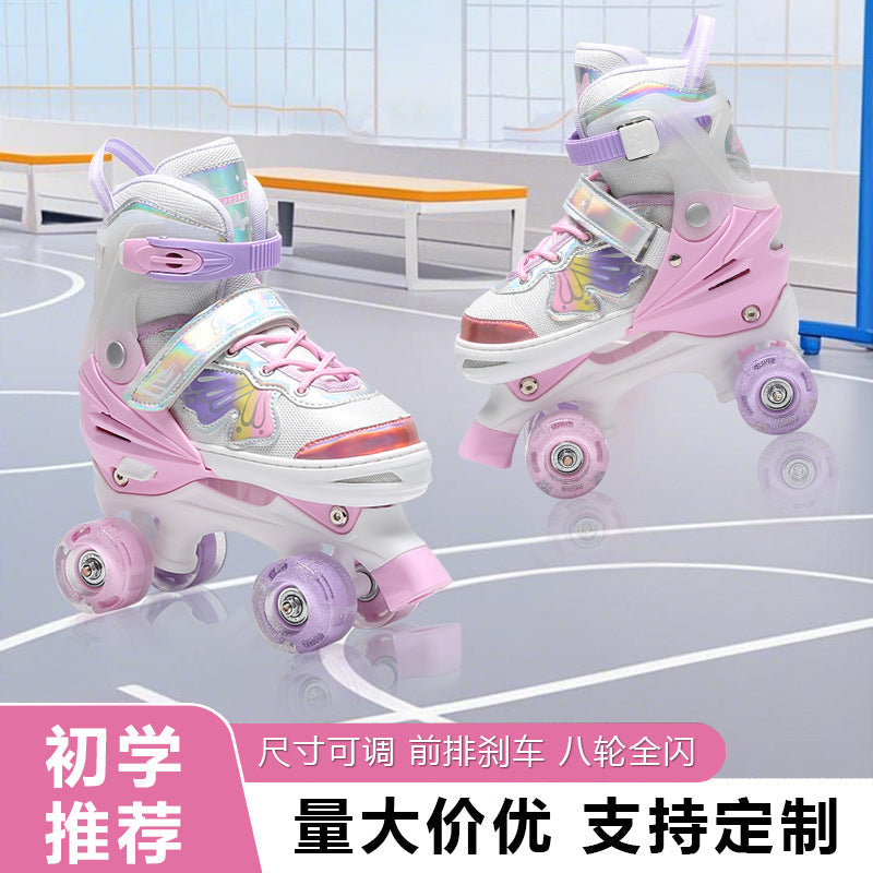 Colorful Children's Adjustable Double-Row Roller Skates with Eight Pu Wheels, Fully Flashing, Unisex Skating Shoes, New Outdoor Roller Skates