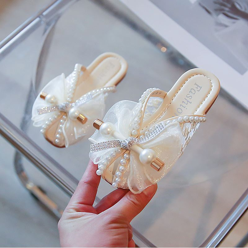 2025 New Summer Sandals for Girls, Lace Breathable Outer Half Slippers, Trbottomy Version of Douyin Soft Bottom Korean Style Princess Shoes