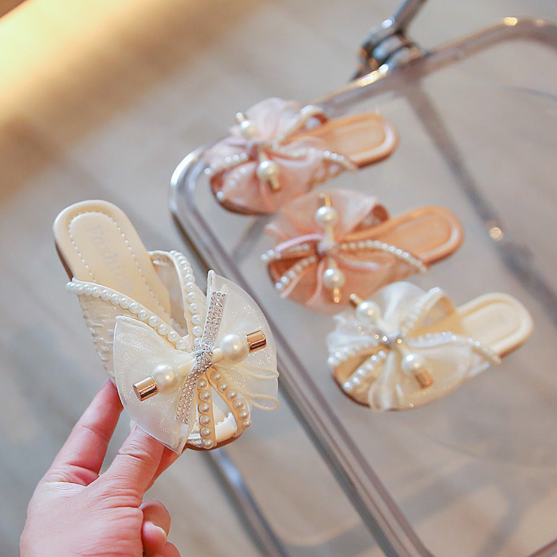 2025 New Summer Sandals for Girls, Lace Breathable Outer Half Slippers, Trbottomy Version of Douyin Soft Bottom Korean Style Princess Shoes