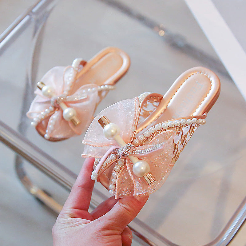 2025 New Summer Sandals for Girls, Lace Breathable Outer Half Slippers, Trbottomy Version of Douyin Soft Bottom Korean Style Princess Shoes