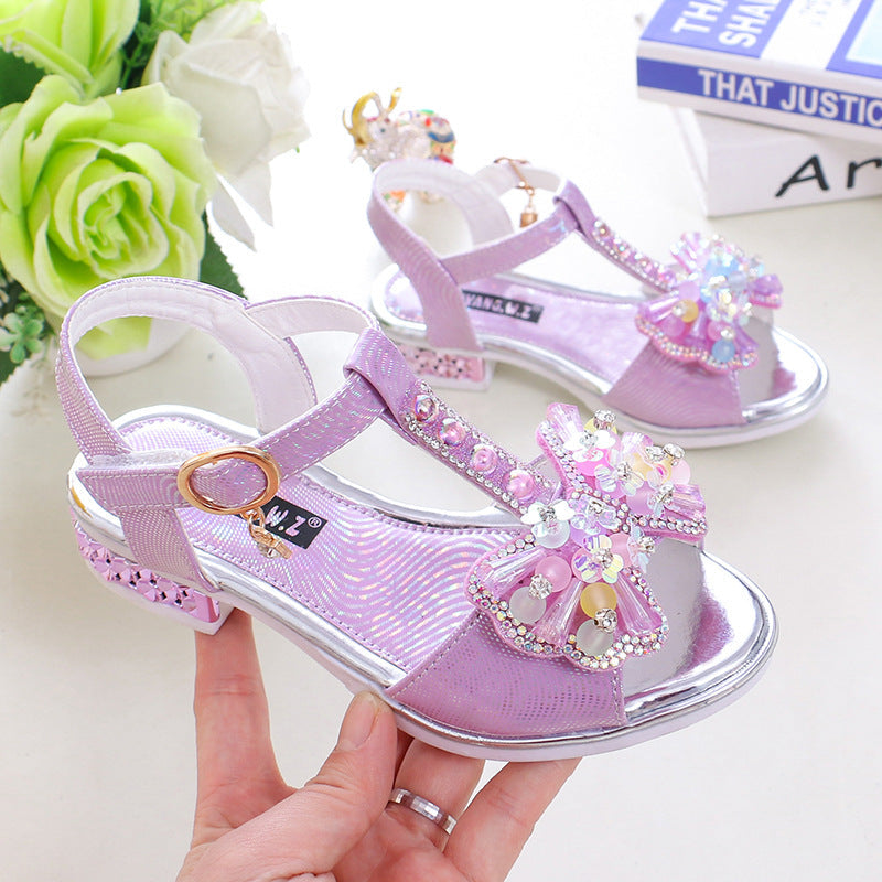 Factory direct supply children's sandals princess crystal diamond big children girls dance student shoes baby soft sole