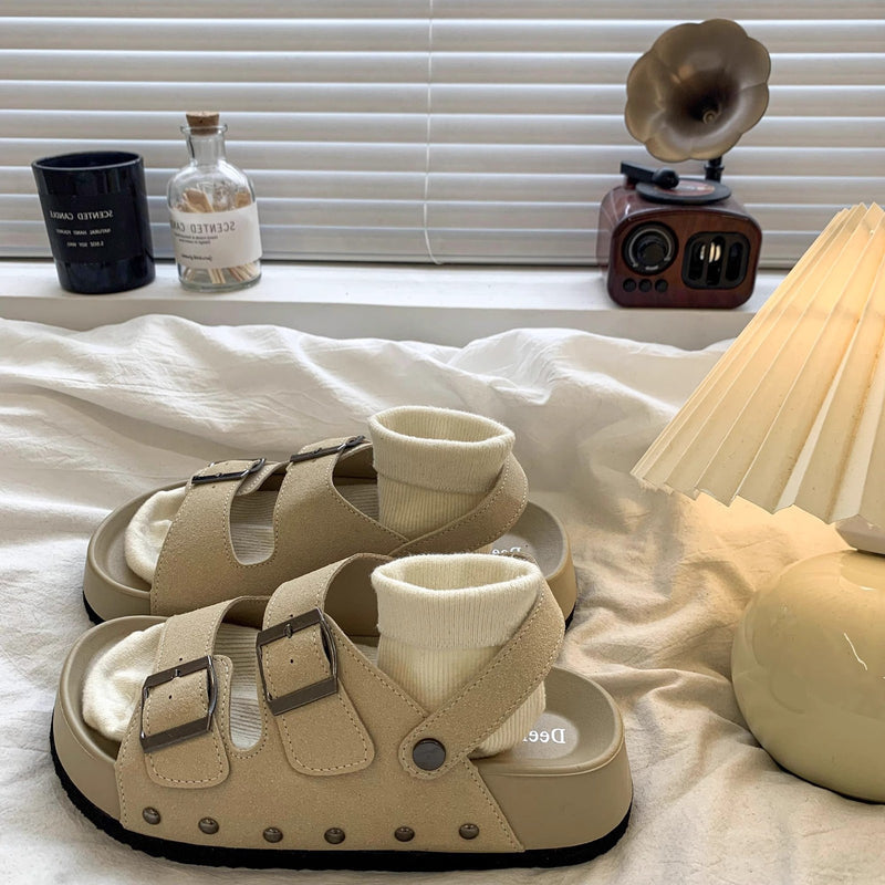 2026 New Cross-Border Beach Roman Sandals Retro Double-Row Buckle Flat Platform Round-Toe Thick-Soled Sandals for Women