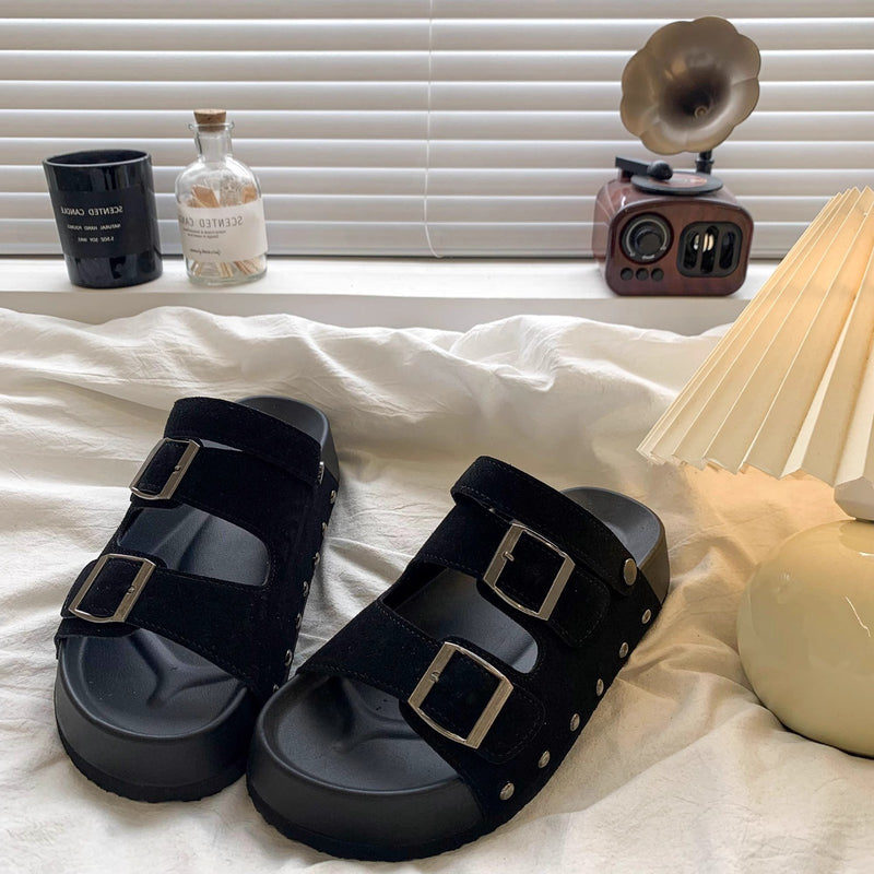 2026 New Cross-Border Beach Roman Sandals Retro Double-Row Buckle Flat Platform Round-Toe Thick-Soled Sandals for Women