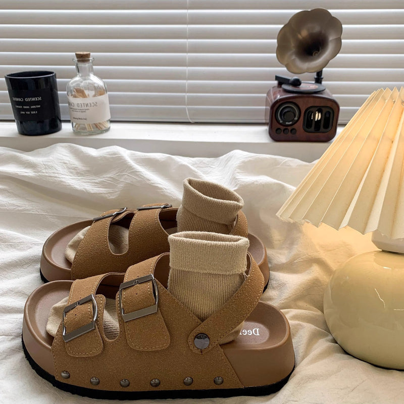 2026 New Cross-Border Beach Roman Sandals Retro Double-Row Buckle Flat Platform Round-Toe Thick-Soled Sandals for Women