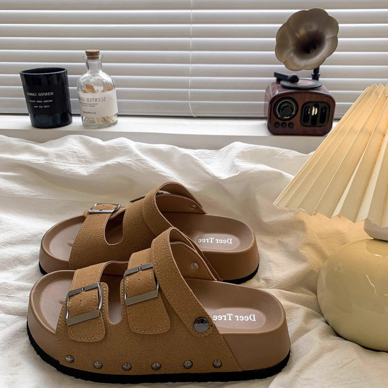 2026 New Cross-Border Beach Roman Sandals Retro Double-Row Buckle Flat Platform Round-Toe Thick-Soled Sandals for Women