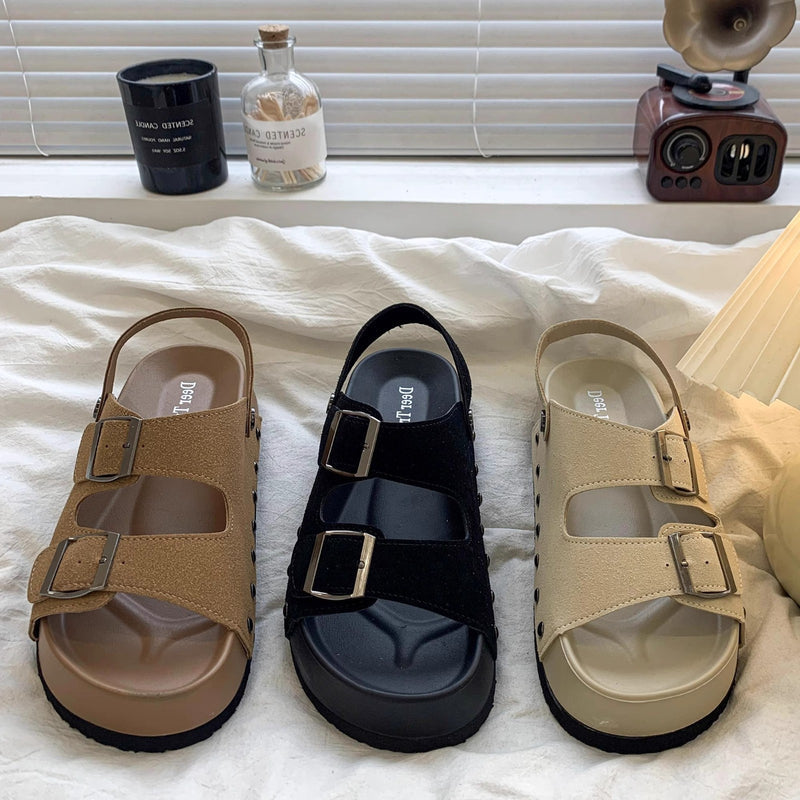 2026 New Cross-Border Beach Roman Sandals Retro Double-Row Buckle Flat Platform Round-Toe Thick-Soled Sandals for Women