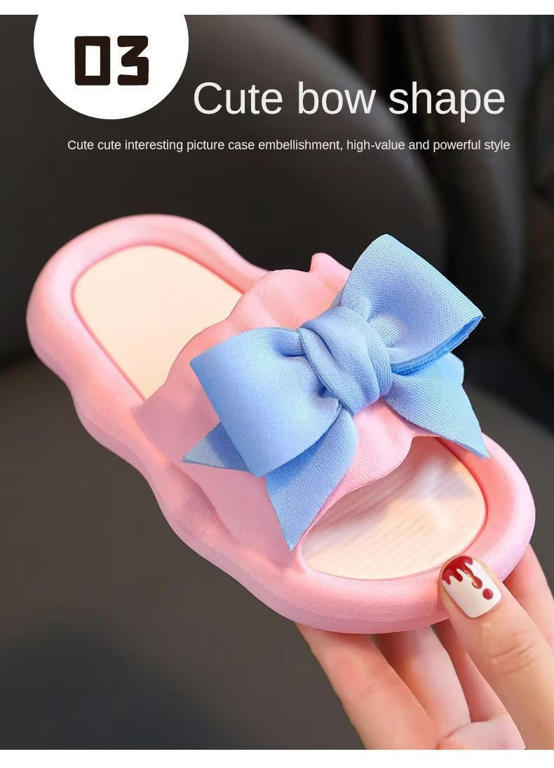 Children Slippers Girls Wearing Soft Soled Slippers Outside Cute Bow Anti Slip Bathroom Slippers Contrast Color Kid Slippers