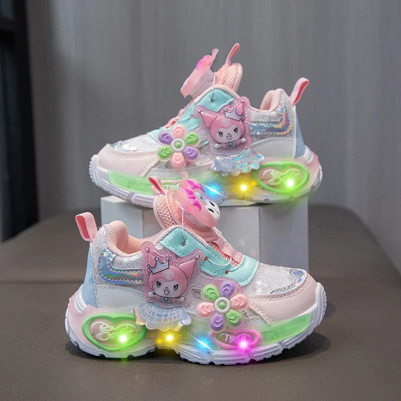 Sanrio Kuromi Autumn Girls Anime New Sneakers Children's Kawaii Cartoon Princess Shoes Breathable Rotary Button Luminous Shoes