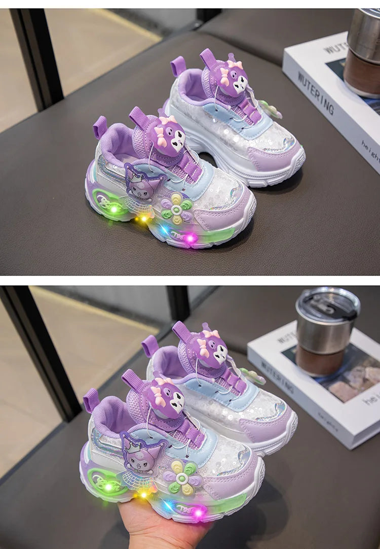 Sanrio Kuromi Autumn Girls Anime New Sneakers Children's Kawaii Cartoon Princess Shoes Breathable Rotary Button Luminous Shoes