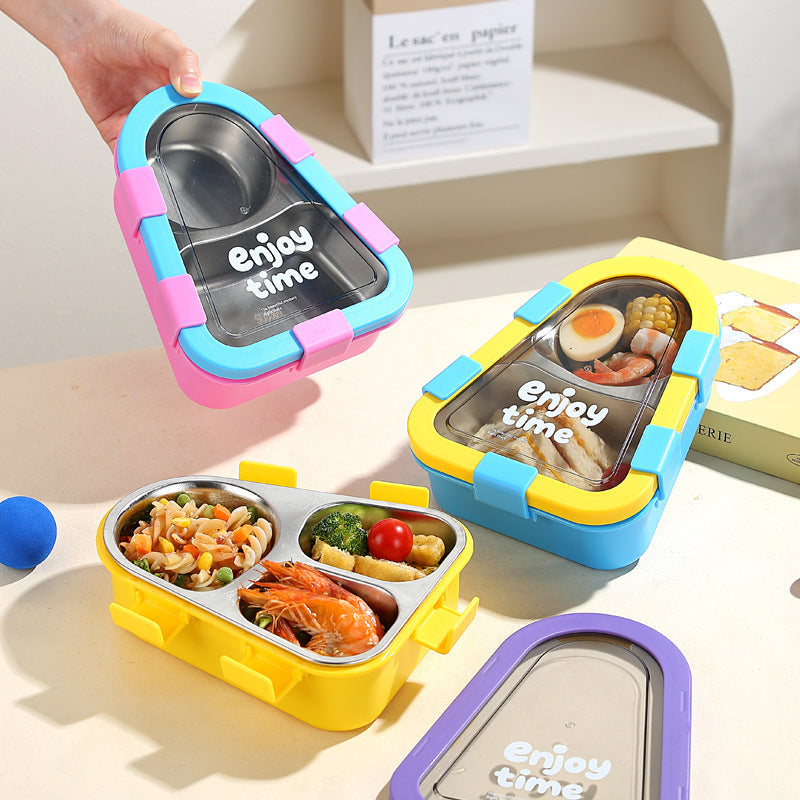 Cartoon Student Asymmetrical 304 Stainless Steel Lunch Box Office Worker Three-Compartment Lunch Box with Lid Tableware