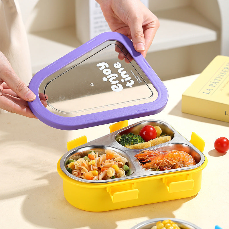Cartoon Student Asymmetrical 304 Stainless Steel Lunch Box Office Worker Three-Compartment Lunch Box with Lid Tableware