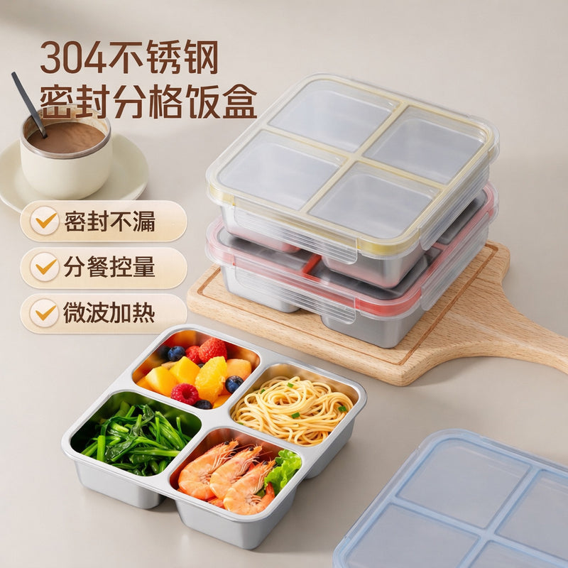 304 Stainless Steel Fresh-Keeping Box, Compartmentalized Lunch Box, Odor-Proof Sealed Box, Bento Box, Snack Box, Four-Compartment Weight Loss Meal Box