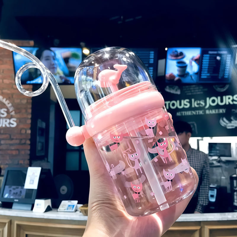Whale Spouting Cup for Girls, Fountain Trendy Baby Kids Straw Cup, Cute Portable Water Bottle, Summer Plastic Cup
