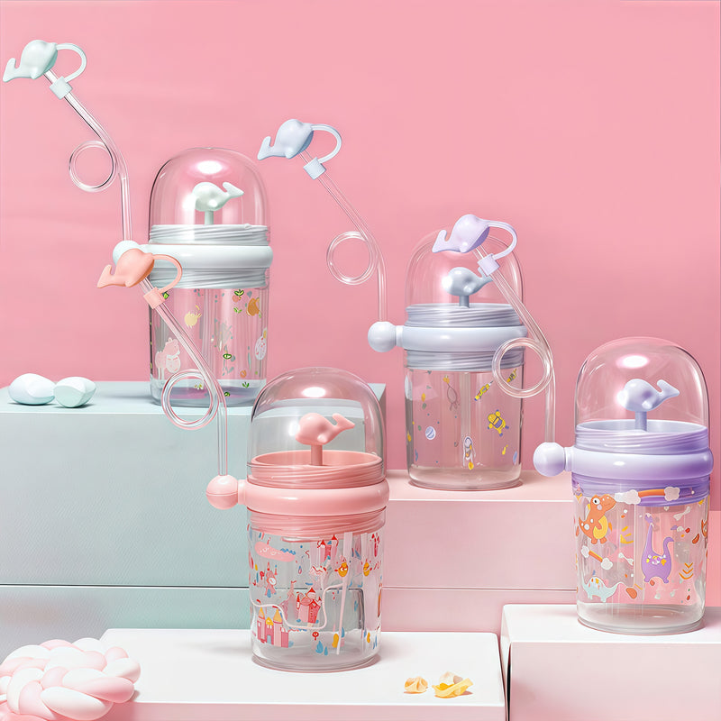 Whale Spouting Cup for Girls, Fountain Trendy Baby Kids Straw Cup, Cute Portable Water Bottle, Summer Plastic Cup
