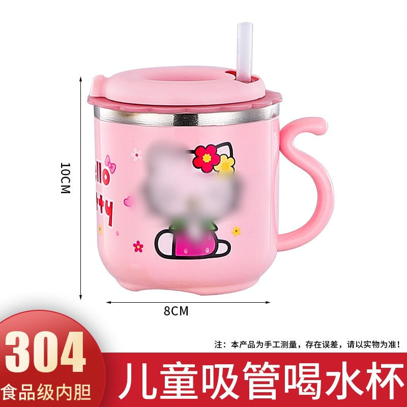 304 stainless steel water cup with straw kindergarten Cup double-layer cute children's milk cup small yellow duck gift