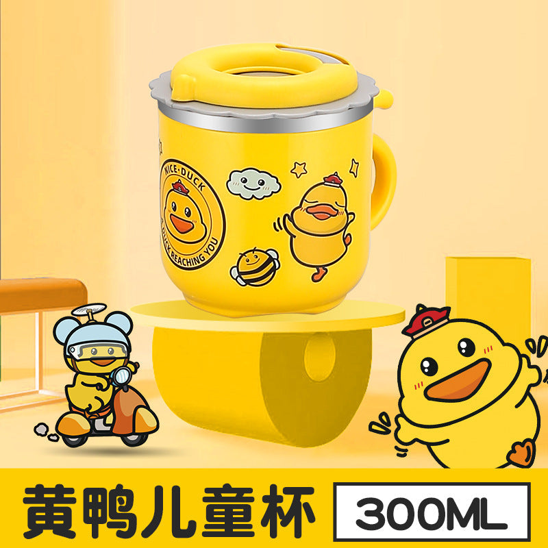 304 stainless steel water cup with straw kindergarten Cup double-layer cute children's milk cup small yellow duck gift