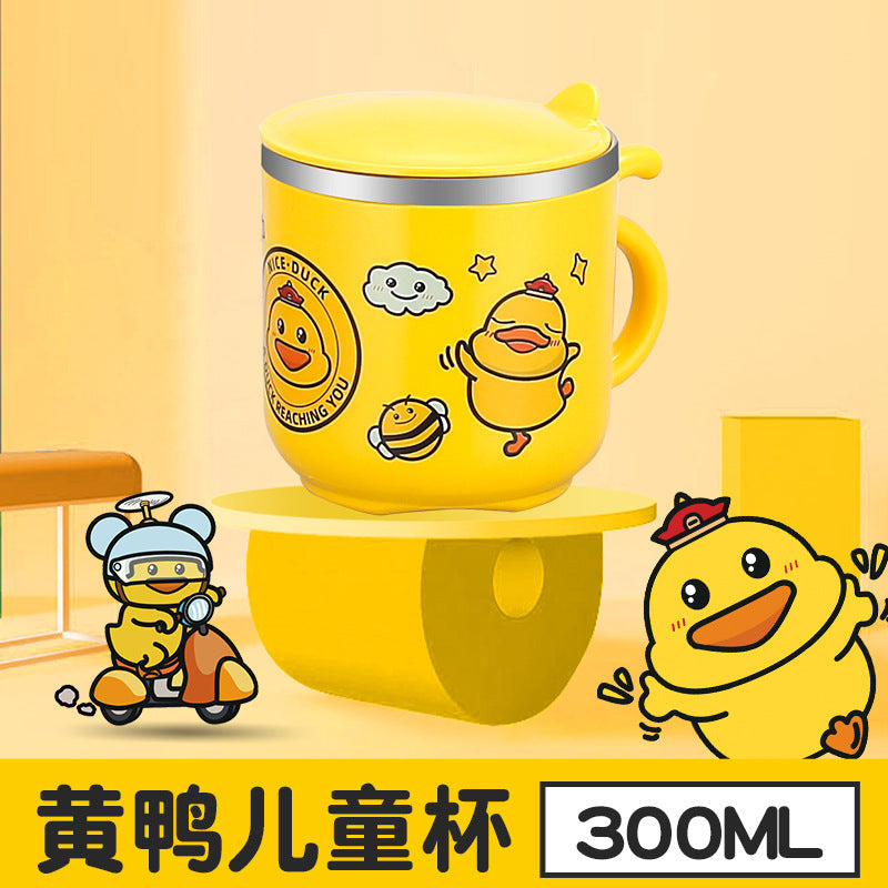 304 stainless steel water cup with straw kindergarten Cup double-layer cute children's milk cup small yellow duck gift