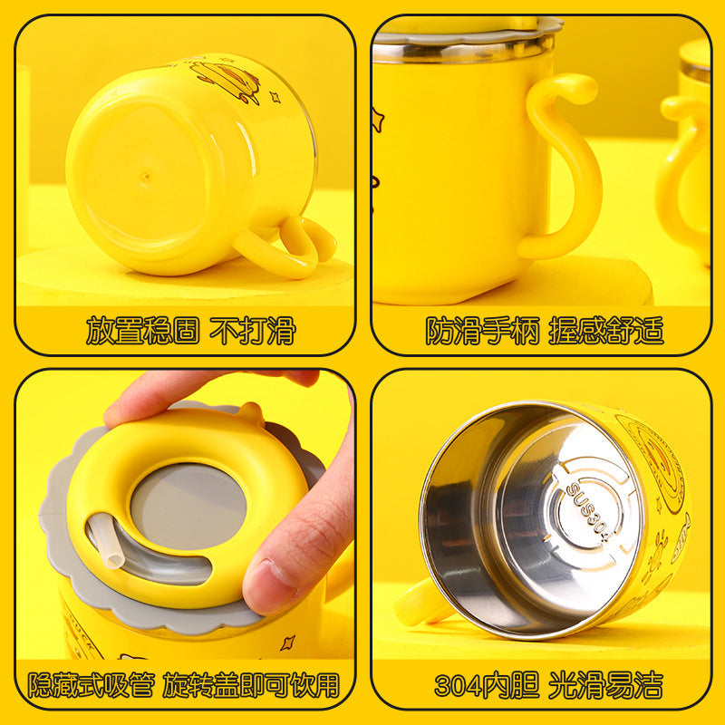 304 stainless steel water cup with straw kindergarten Cup double-layer cute children's milk cup small yellow duck gift