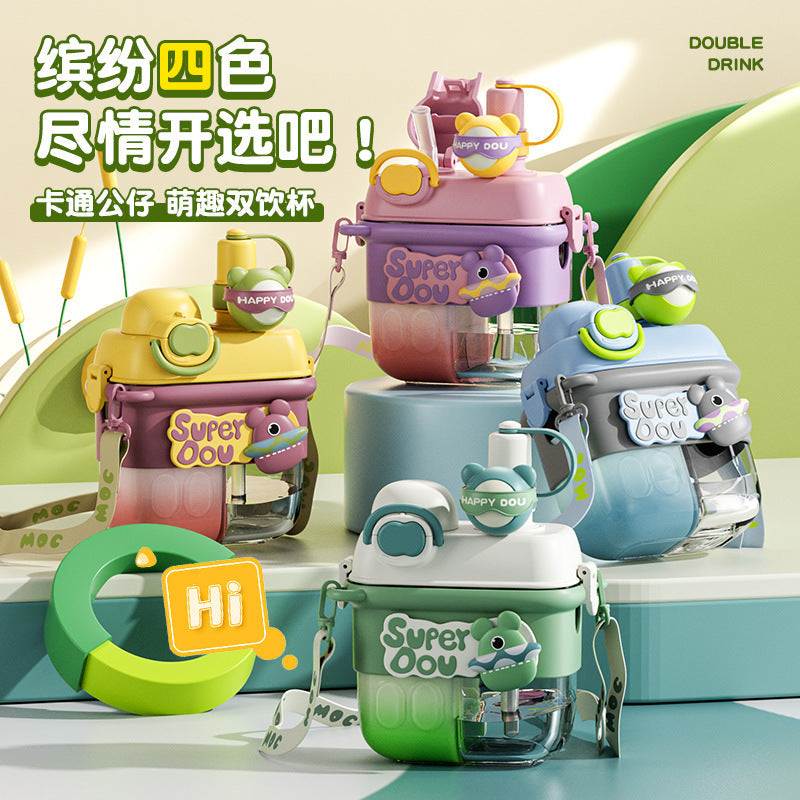Children's Sippy Cup Large Capacity Two Warehouse Double Drinking Cup Female Student Summer High-Looking Plastic Cup Portable Water Cup Wholesale