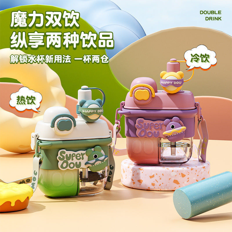 Children's Sippy Cup Large Capacity Two Warehouse Double Drinking Cup Female Student Summer High-Looking Plastic Cup Portable Water Cup Wholesale