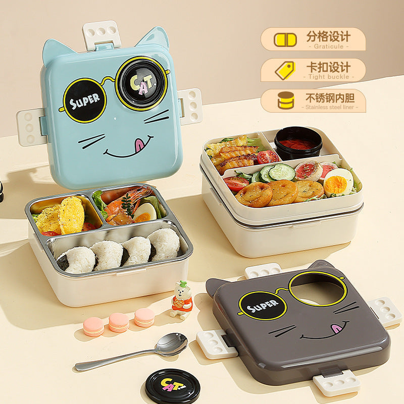 New 304 stainless steel lunch box cartoon three-compartment student lunch box primary school students double-compartment lunch box wholesale
