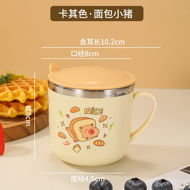 304 Stainless Steel Kidsren's Water Cup Cartoon with Handle Kindergarten Student Drinking Cup Milk Cup with Lid Double-Layer Cup