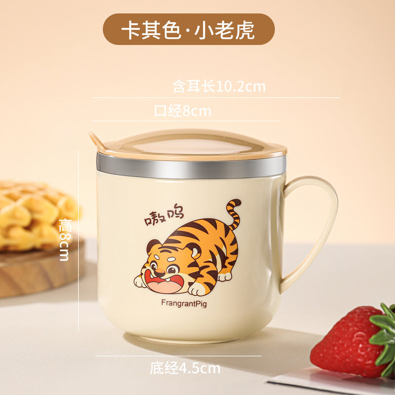 304 Stainless Steel Kidsren's Water Cup Cartoon with Handle Kindergarten Student Drinking Cup Milk Cup with Lid Double-Layer Cup