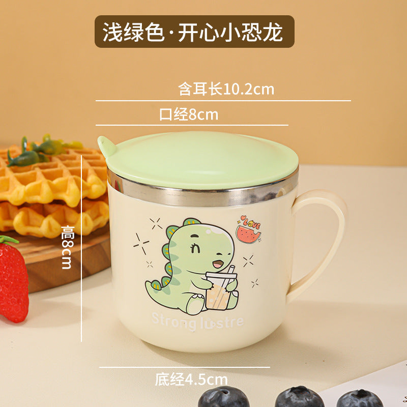 304 Stainless Steel Kidsren's Water Cup Cartoon with Handle Kindergarten Student Drinking Cup Milk Cup with Lid Double-Layer Cup