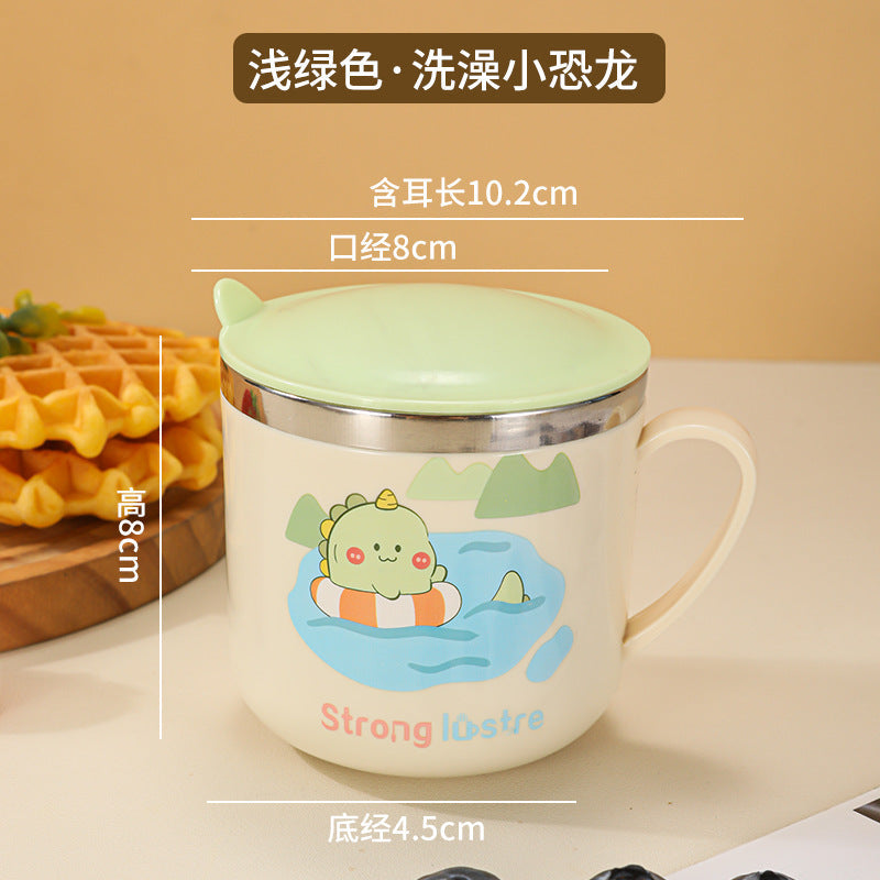 304 Stainless Steel Kidsren's Water Cup Cartoon with Handle Kindergarten Student Drinking Cup Milk Cup with Lid Double-Layer Cup