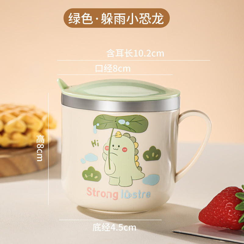 304 Stainless Steel Kidsren's Water Cup Cartoon with Handle Kindergarten Student Drinking Cup Milk Cup with Lid Double-Layer Cup