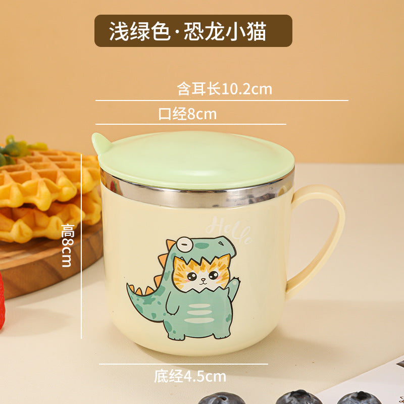 304 Stainless Steel Kidsren's Water Cup Cartoon with Handle Kindergarten Student Drinking Cup Milk Cup with Lid Double-Layer Cup