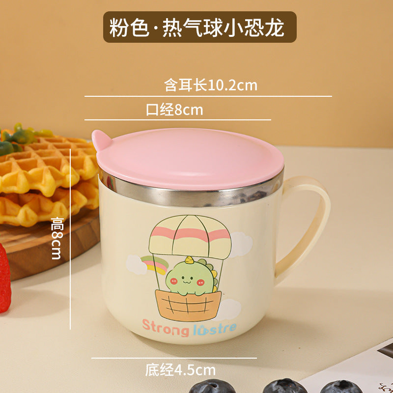 304 Stainless Steel Kidsren's Water Cup Cartoon with Handle Kindergarten Student Drinking Cup Milk Cup with Lid Double-Layer Cup