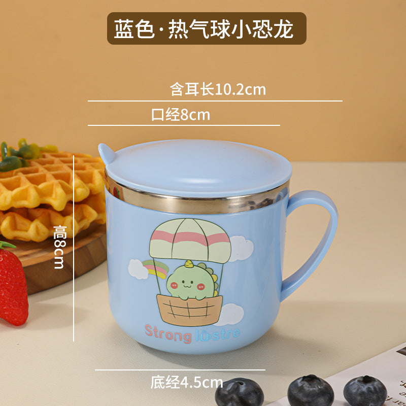 304 Stainless Steel Kidsren's Water Cup Cartoon with Handle Kindergarten Student Drinking Cup Milk Cup with Lid Double-Layer Cup