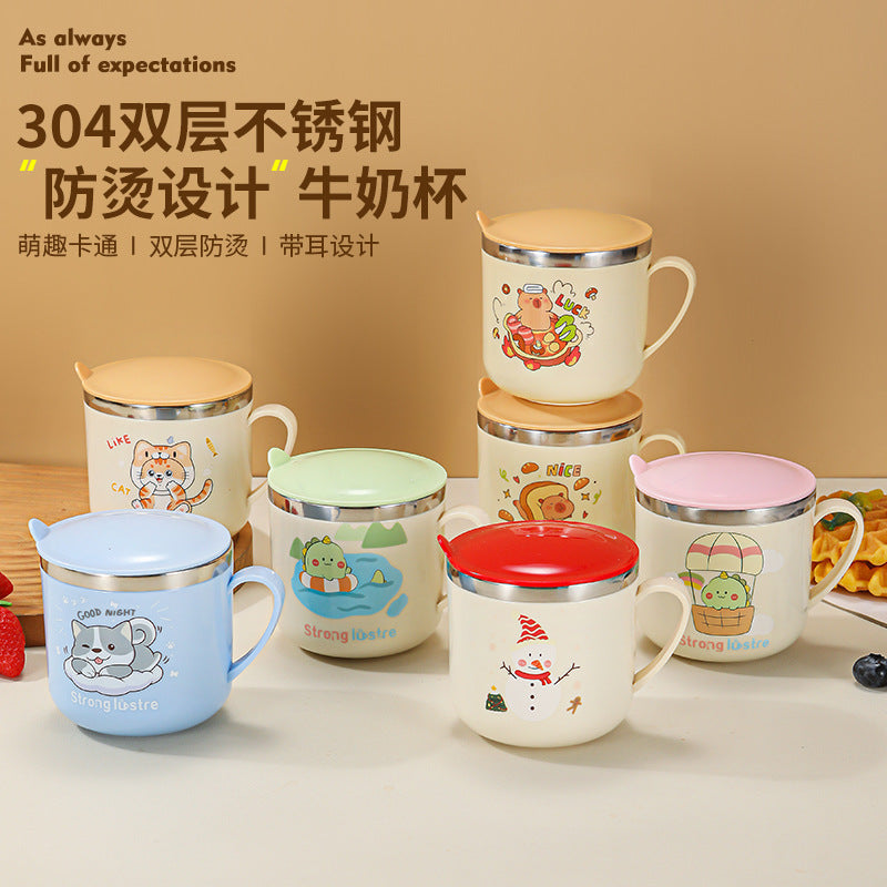 304 Stainless Steel Kidsren's Water Cup Cartoon with Handle Kindergarten Student Drinking Cup Milk Cup with Lid Double-Layer Cup